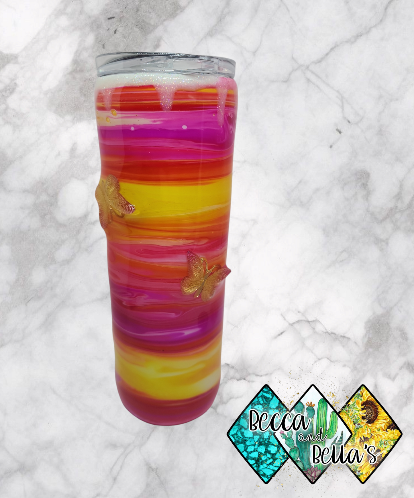 20oz Skinny Specialty Pink Butterfly